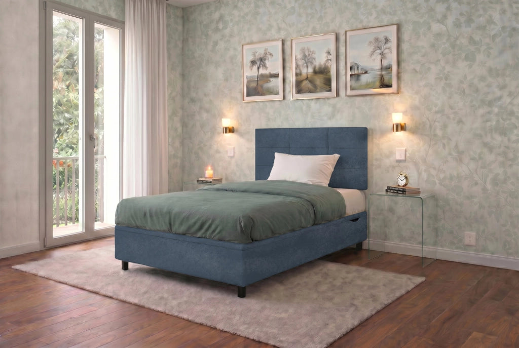 Letto Singolo Contenitore Imbottito 80x190 cm Microfibra Blu BoxMax Testata Square