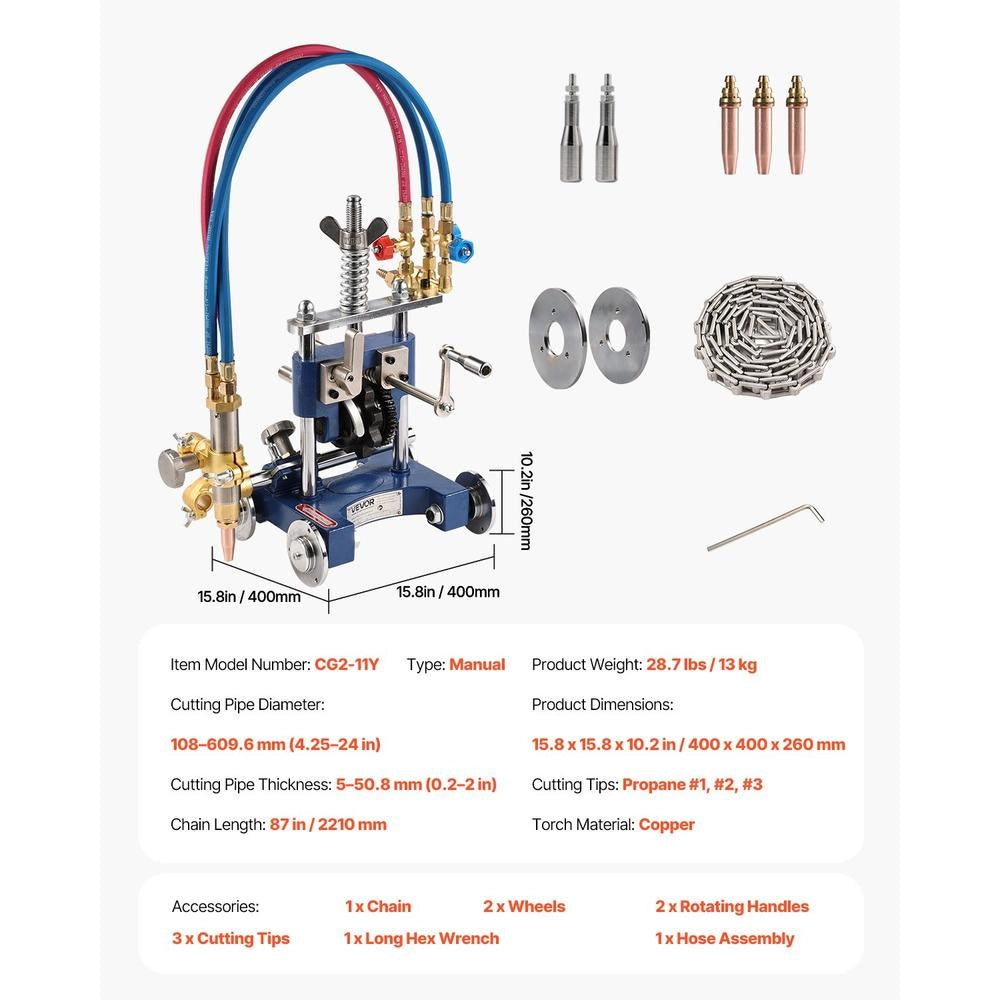 Tagliatubi Manuale e Smussatrice CG2-11Y per Tubi 5,08-50,8 mm, Macchina Taglio a Gas con Catena 2210 mm e 3 Punte, Regolabile 0-45°
