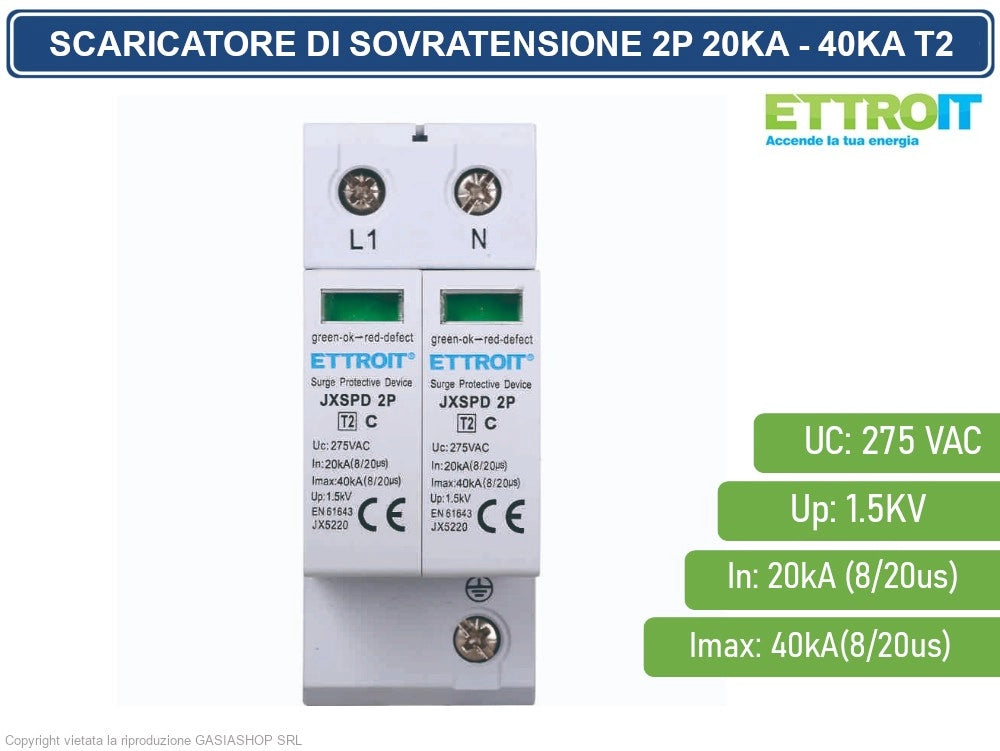 ETTROIT SCARICATORE LIMITATORE DI SOVRATENSIONE 2 MODULI TIPO T2 2P 20KA-40KA SPD A LIMITAZIONE PER BARRA DIN