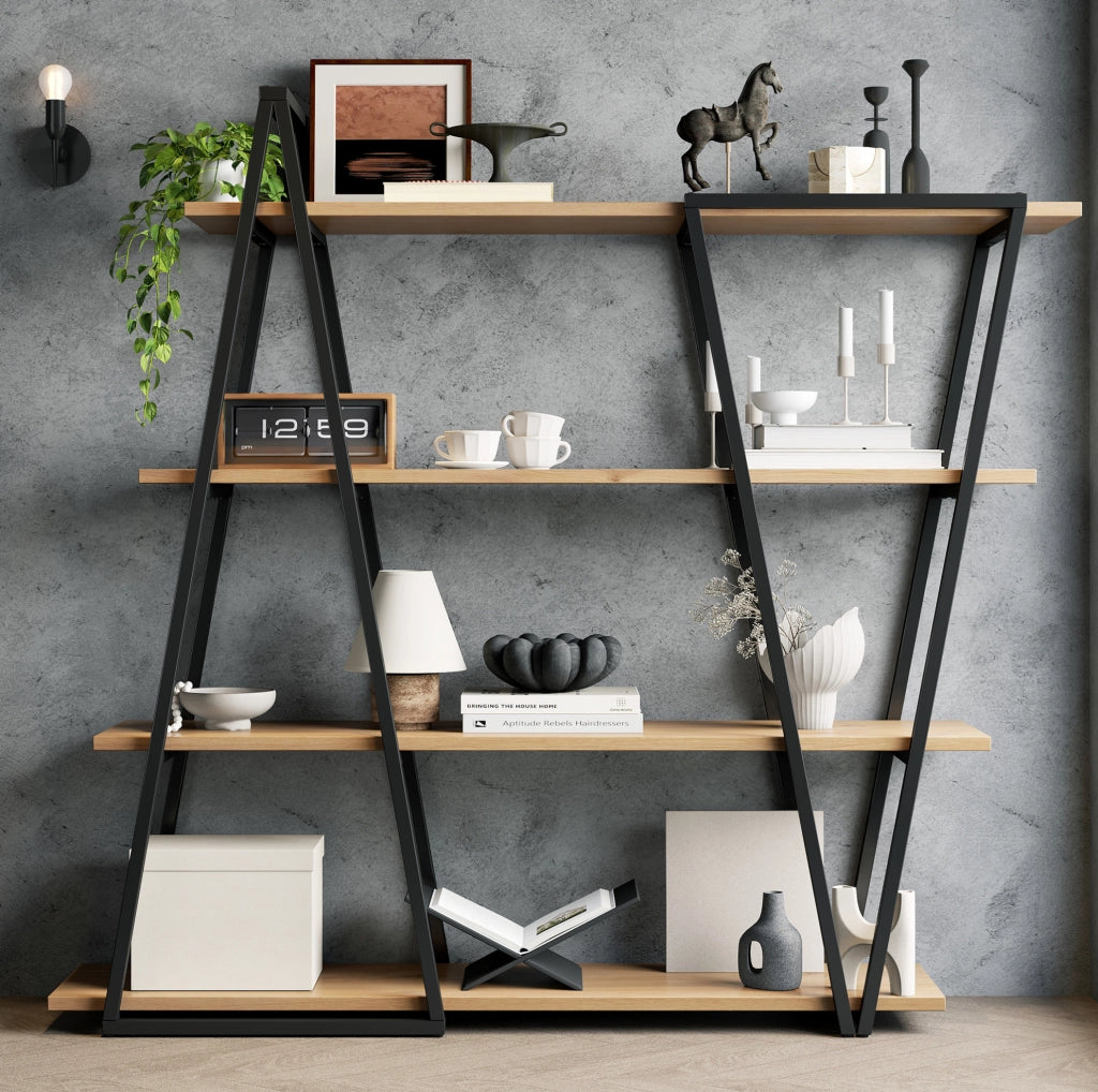 Libreria aperta geometrica 158x35x166 cm in MDF nero e legno, 4 ripiani