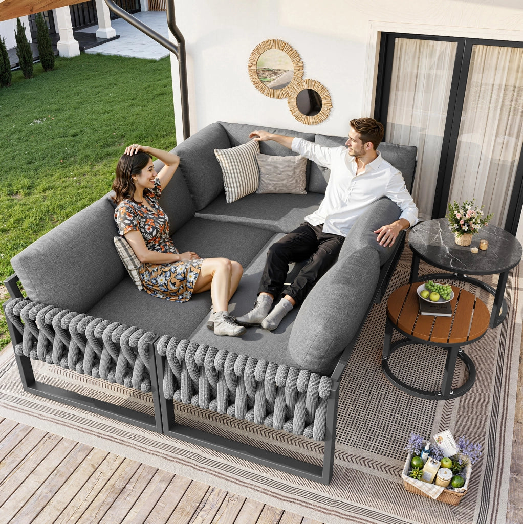 Set lounge da giardino ULEVR modulare grigio con 3 divani, 2 tavolini e cuscini sfoderabili