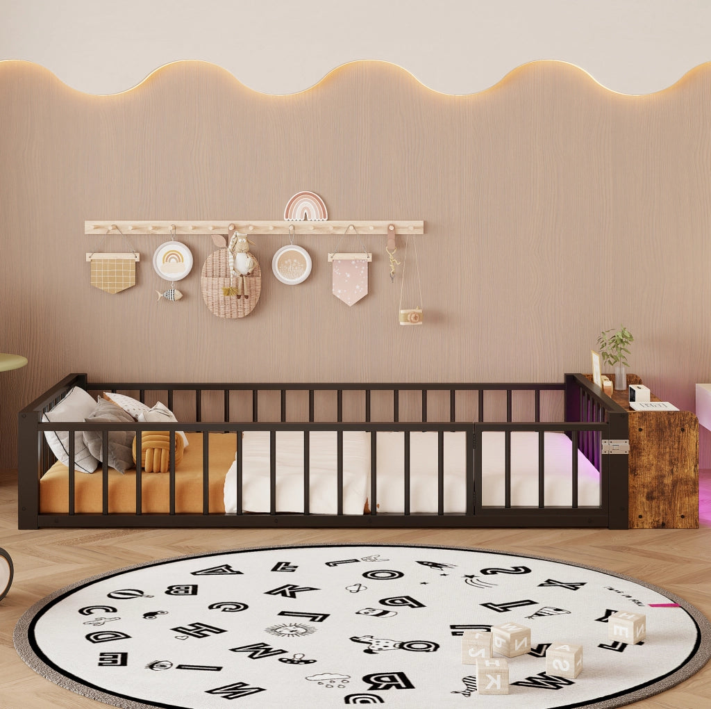 Letto singolo per bambini 90x200 cm con sponda; vano aperto e LED in metallo e MDF; nero