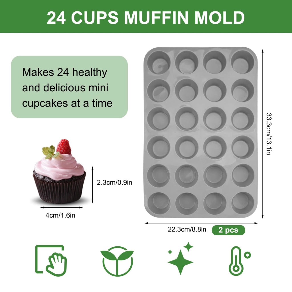 Set da 2 stampi in silicone per muffin, per 24 muffin, con rivestimento antiaderente, colore grigio