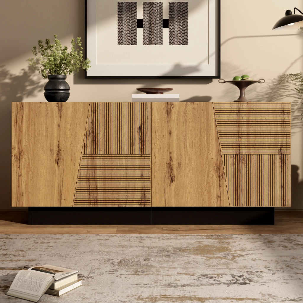 Credenza 160 × 40 × 72 cm con ripiano regolabile in pannello di particelle nero e legno per soggiorno e sala da pranzo
