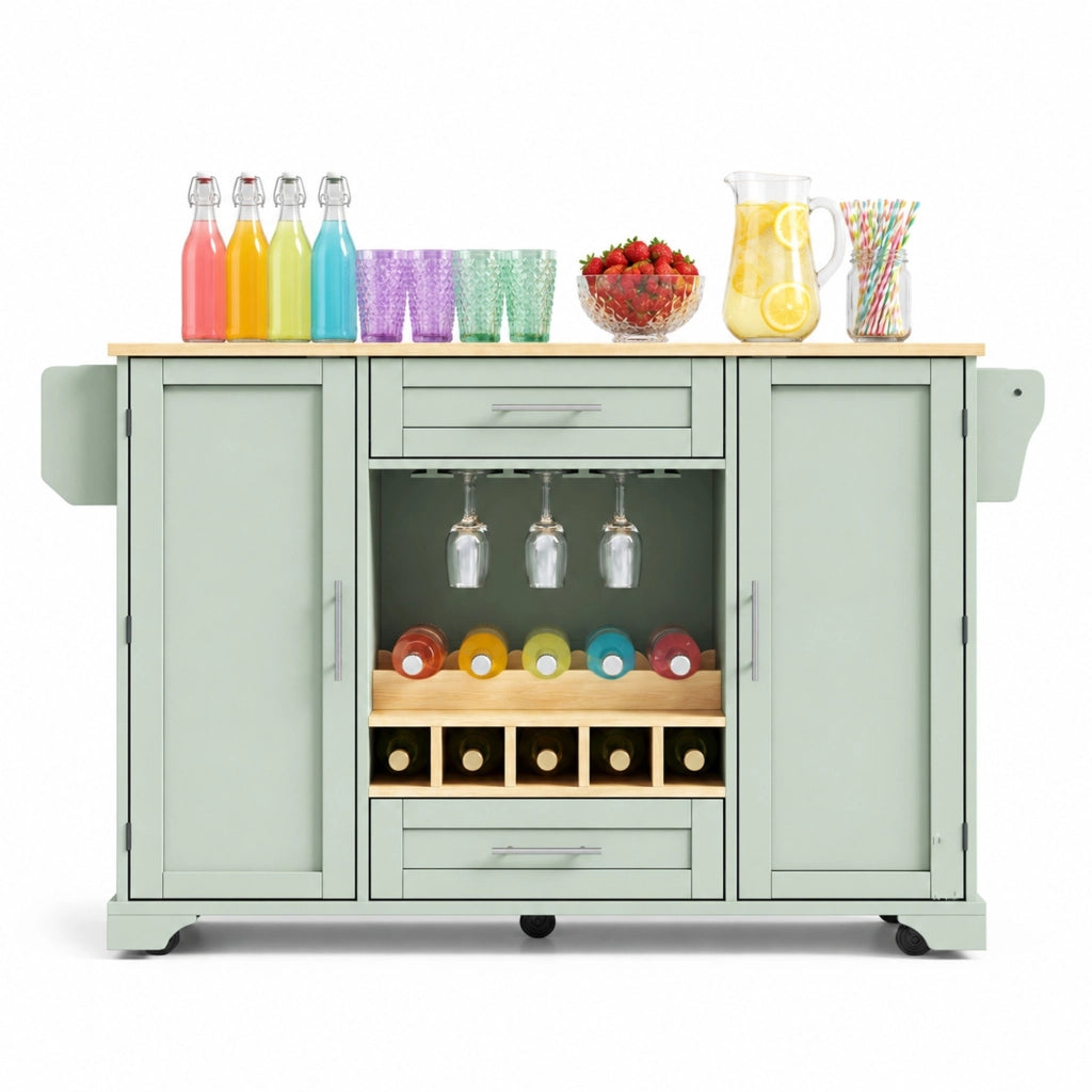 Isola cucina mobile con piano di lavoro pieghevole, carrello su ruote con portabottiglie, porta bicchieri, scaffale per spezie e porta asciugamani, 138x45/70x92 cm, verde