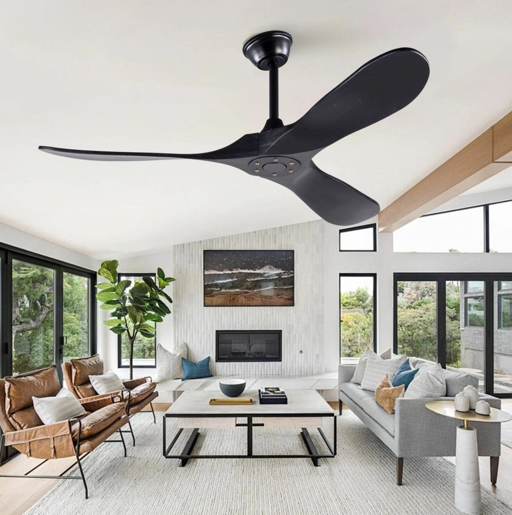 Ventilatore da soffitto nero 132 cm, 3 pale in legno, telecomando, senza luce