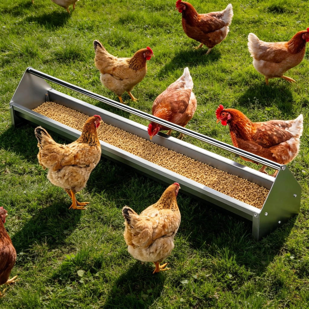 Distributore automatico per mangime per polli, acciaio zincato, forma trapezoidale, 1 pezzo