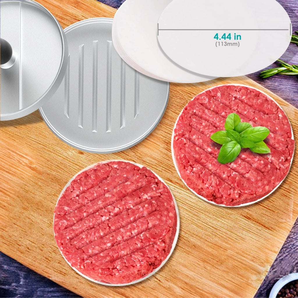 Pressa per hamburger in alluminio, con 100 fogli per hamburger e manico in legno