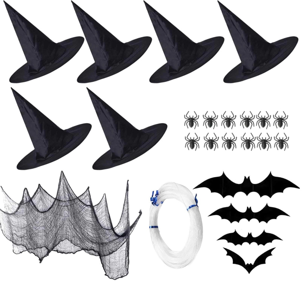 Set di decorazioni per Halloween: 6 cappelli da strega, 30 metri di filo da pesca, veli, adesivi e ragni