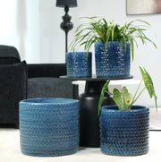 Vaso in ceramica blu scuro Ø 24,5 cm con rilievo a spina di pesce