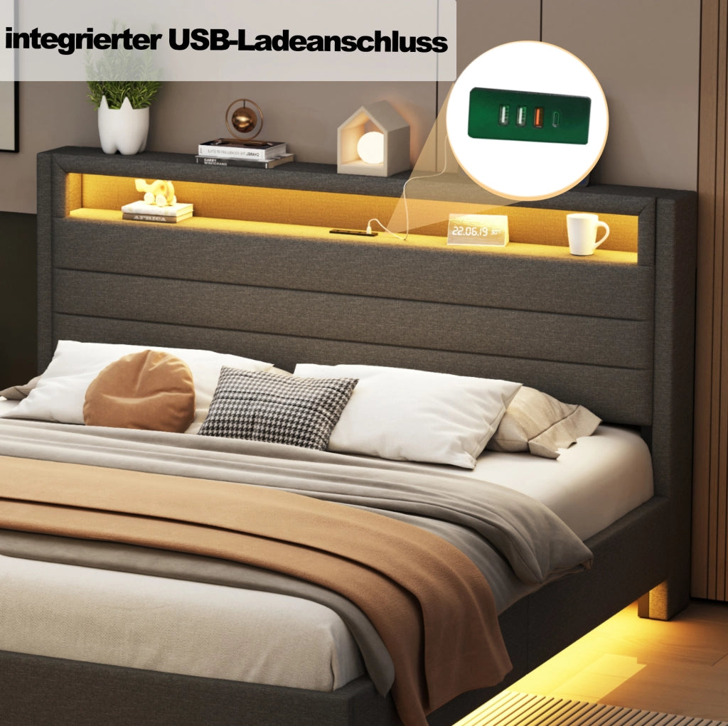 Letto imbottito 140x200 cm con USB, luci LED multicolore e testiera girevole in lino grigio