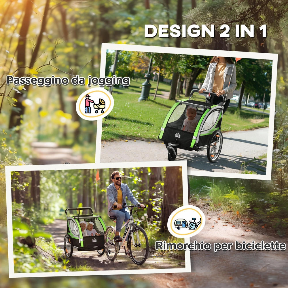 Rimorchio Bici e Passeggino per Bambini 2 in 1 con Cintura e Bandierina Verde Robusto e Facile da Usare