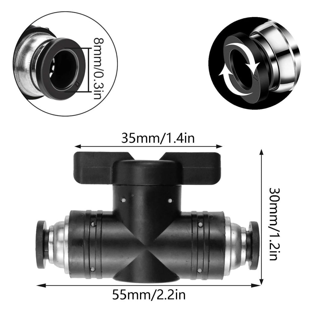 Connettori pneumatici, 5 pezzi, 8 mm, diritti, con valvola manuale