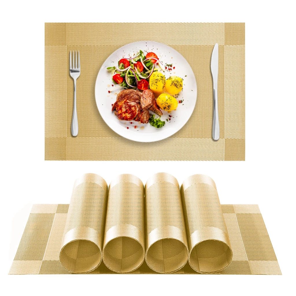 Set di 4 sottopiatti in PVC, 45x30 cm, resistenti al calore, antiscivolo, color oro