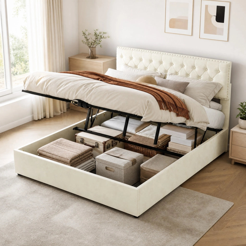 Letto matrimoniale 160x200 cm con testiera alta in tessuto e metallo; beige