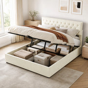 Letto matrimoniale 160x200 cm con testiera alta in tessuto e metallo; beige