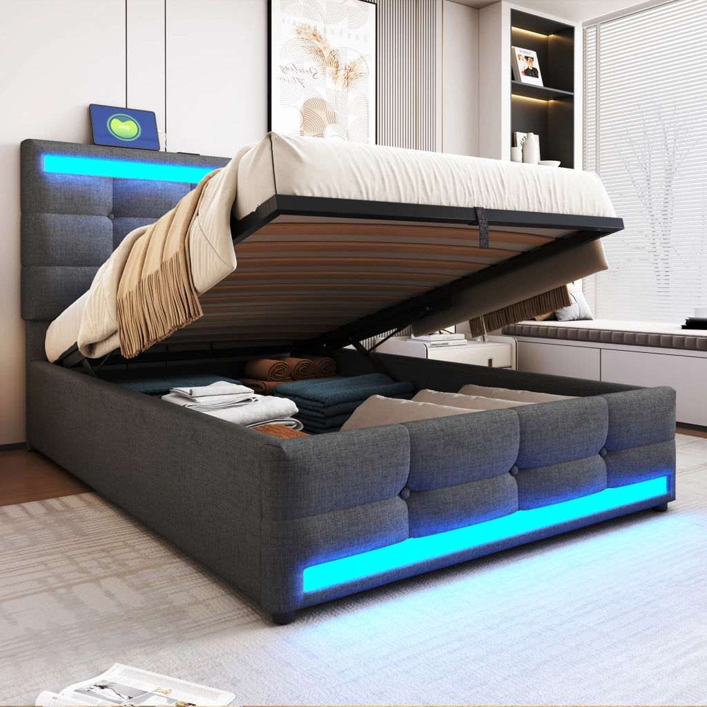Letto con cassetti 140 ¡Á 200 cm con quattro cassetti LED e 2 porte USB imbottito grigio