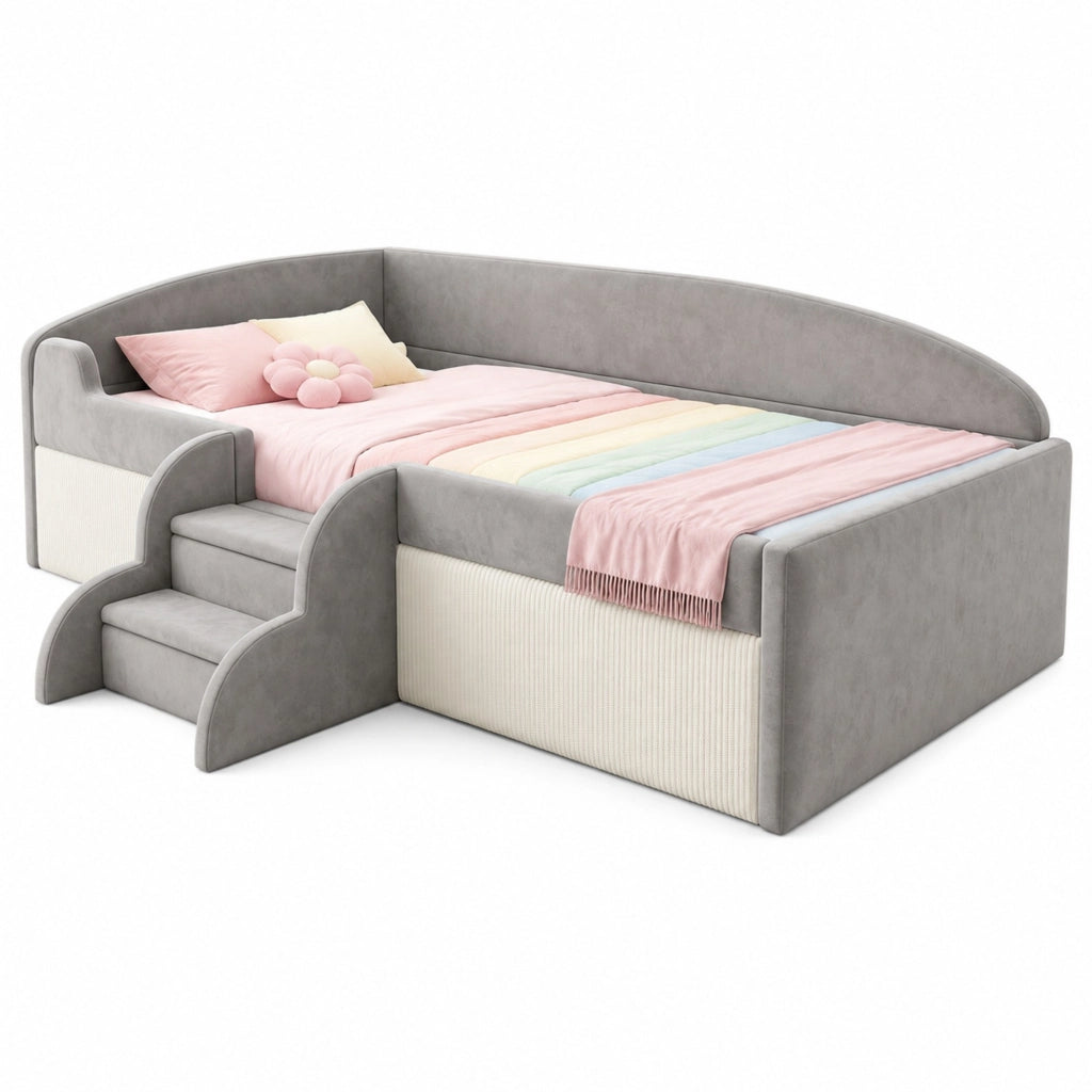 Letto per bambini imbottito 90 x 190 cm con gradini e sponde, grigio