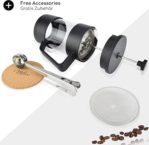 French press da 600 ml, caraffa in vetro, funzionamento manuale, colore nero