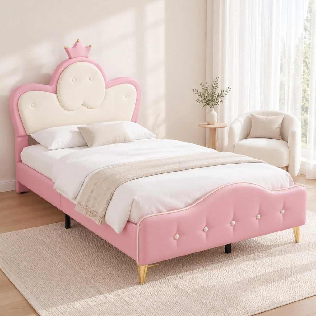 Letto imbottito bambini 90x200 rosa e bianco in PU con LED e materasso