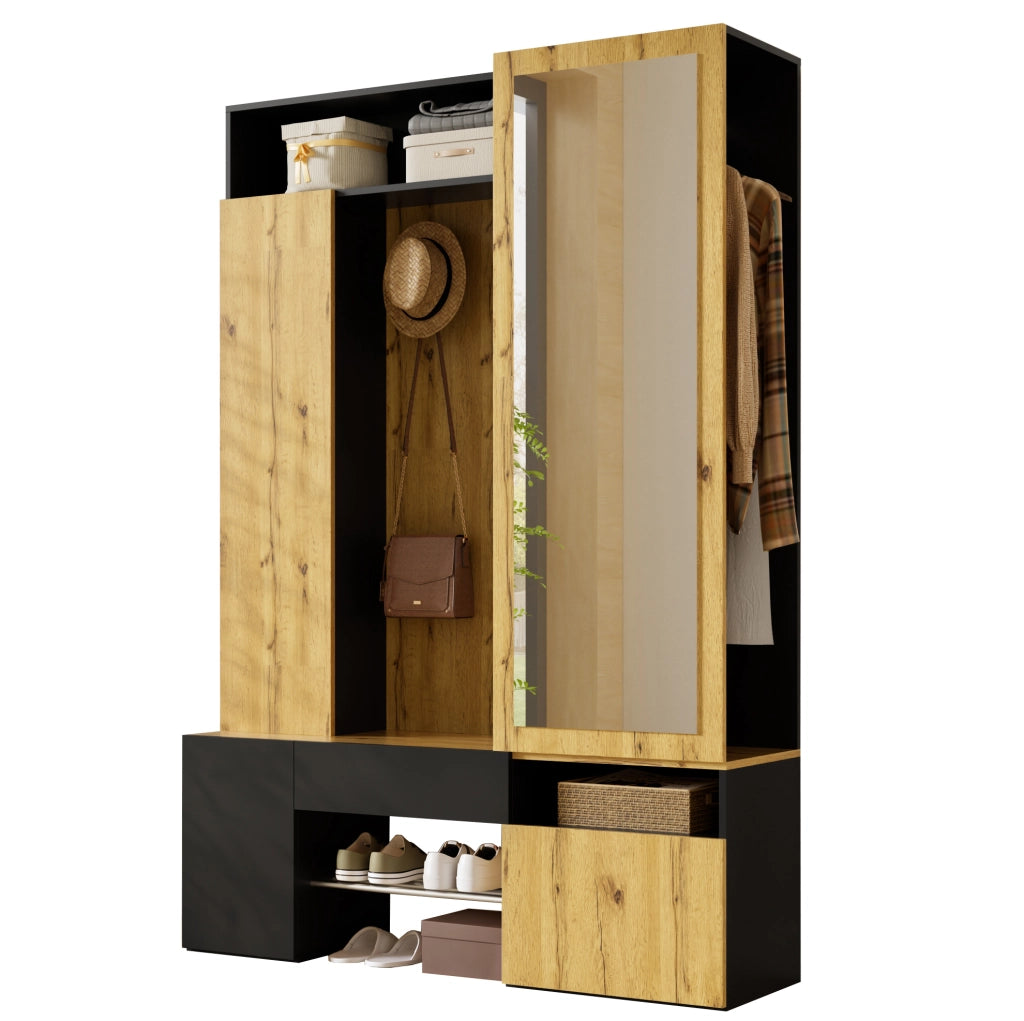 Mobile da ingresso in MDF con specchio e scarpiera nero e naturale