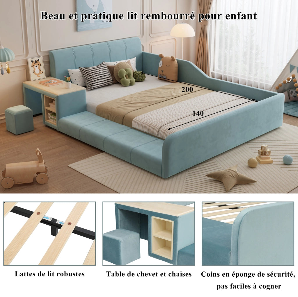 Letto imbottito per bambini 140x200 cm con scrivania laterale e sgabello in velluto blu