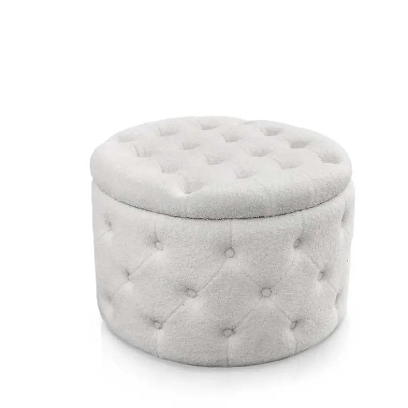 Pouf contenitore in tessuto teddy bianco  Ø60x43h