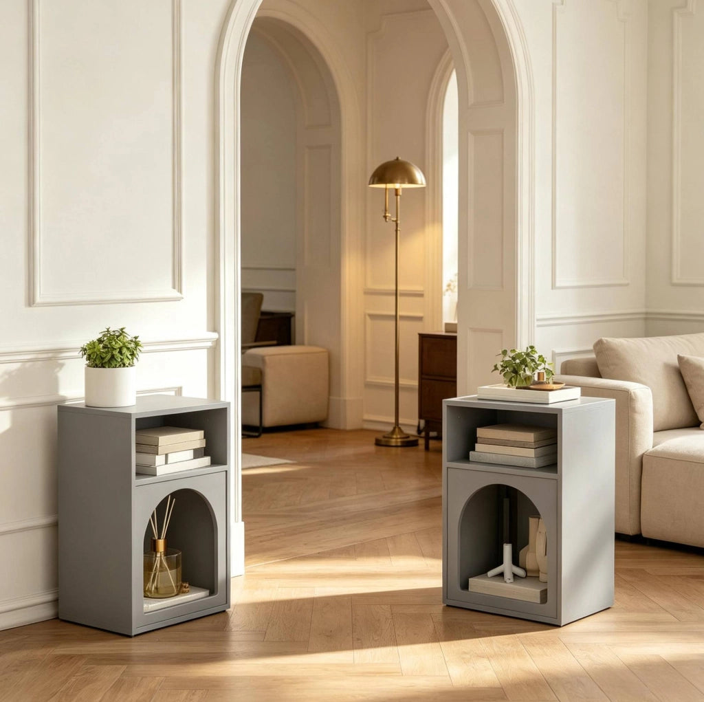 Set di 2 comodini in MDF grigio con doppio ripiano aperto e design curvo, 40x30x60 cm