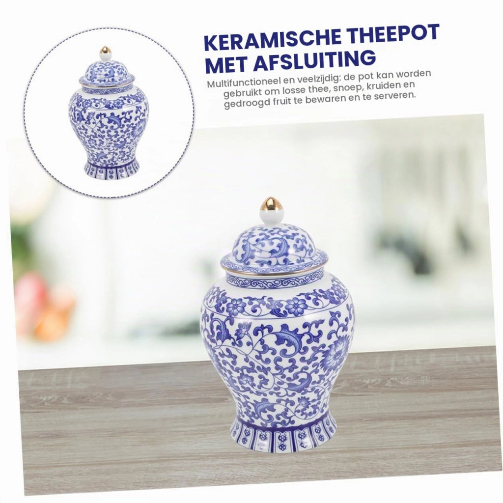 Contenitore per tè in Vetroceramica, 1300 ml, stile vintage, porcellana, con coperchio, bianco e blu
