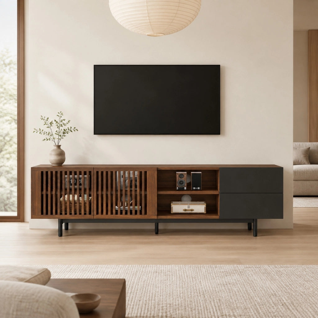 Mobile porta televisore 160 cm in MDF, finitura noce e nera