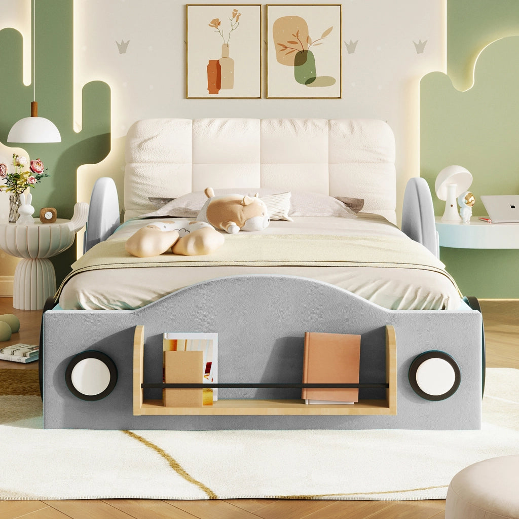 Letto imbottito 90 × 200 cm con contenitore idraulico; flanella grigia e tasche laterali