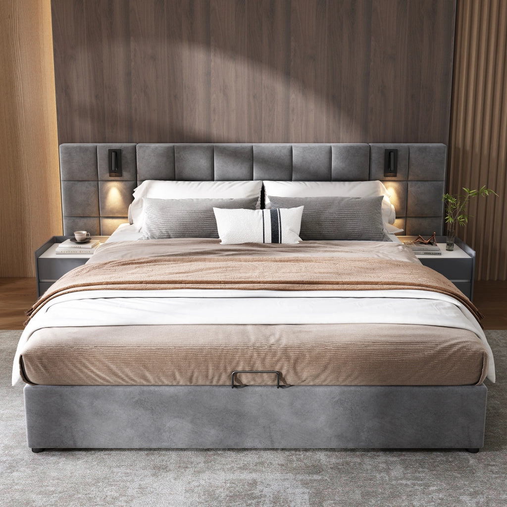 Letto matrimoniale imbottito 180 × 200 cm contenitore idraulico in acciaio grigio con luce da lettura e USB