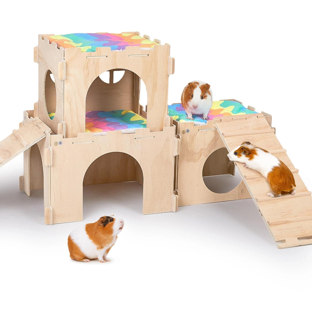 Habitat per porcellini d'India con scale e tappetini, castello in legno extra large per piccoli animali, nascondigli rimovibili, più porte e finestre