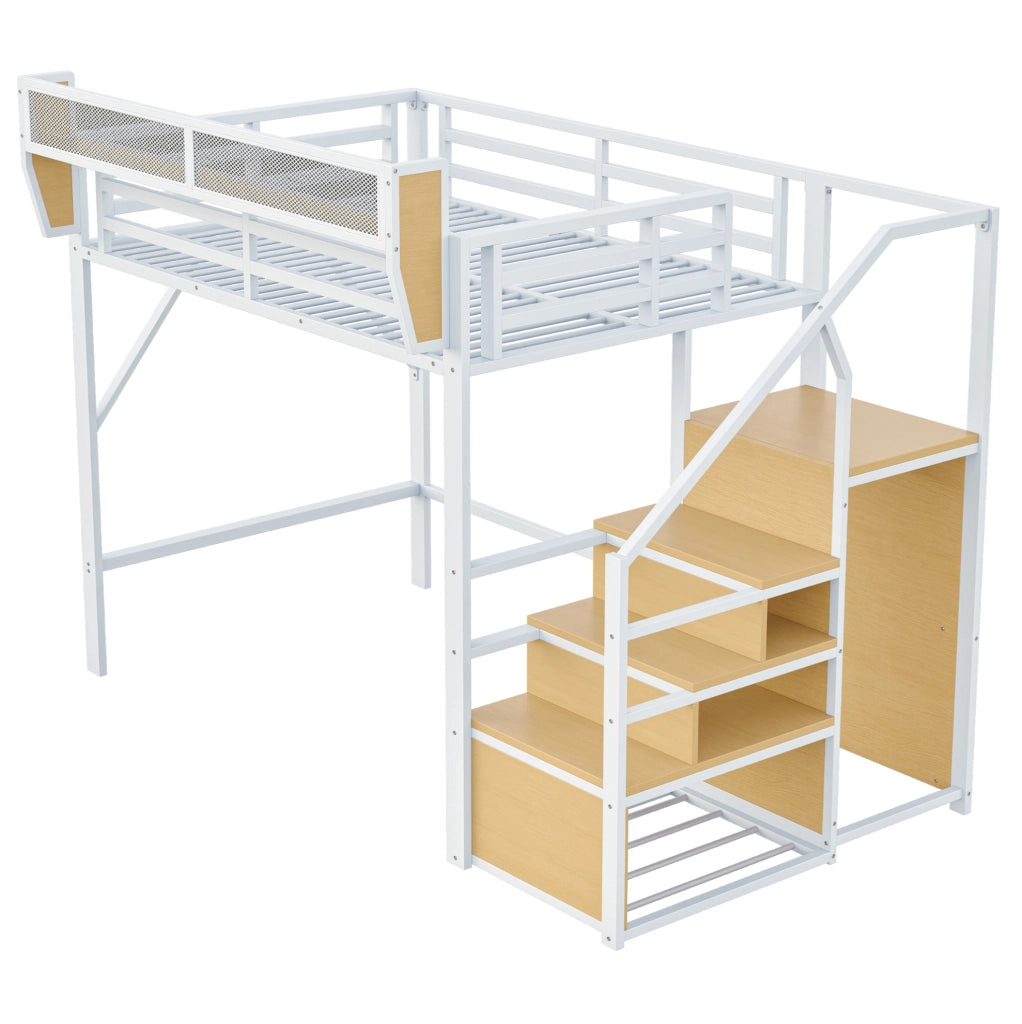 Letto a soppalco 140x200 cm con scala di sicurezza e ripiano modulabile in metallo bianco