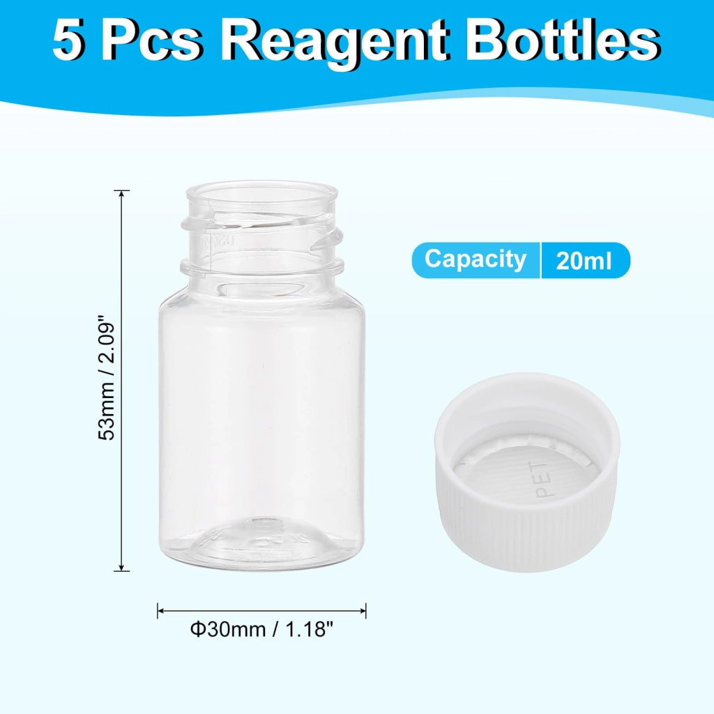 5 flaconi da 20 ml per reagenti PET, forma rotonda, trasparenti