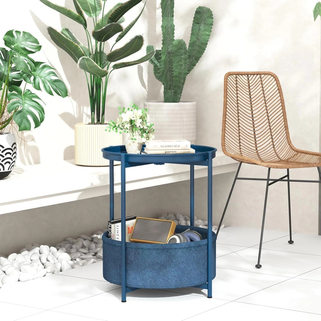 Tavolino rotondo con cesto in tessuto, colore blu, dimensioni 44,3 x 44,3 x 52 cm