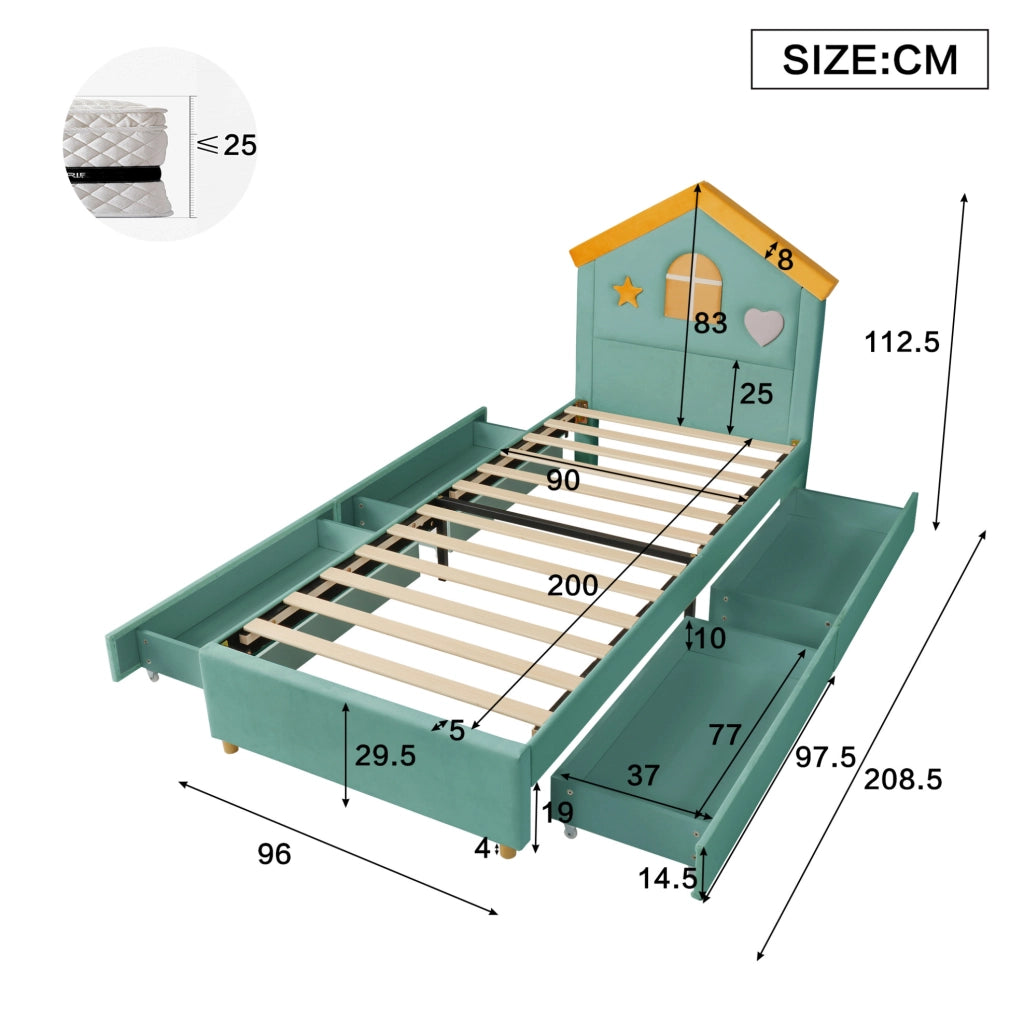 Letto imbottito per bambini 90 x 200 cm blu-verde con 4 cassetti
