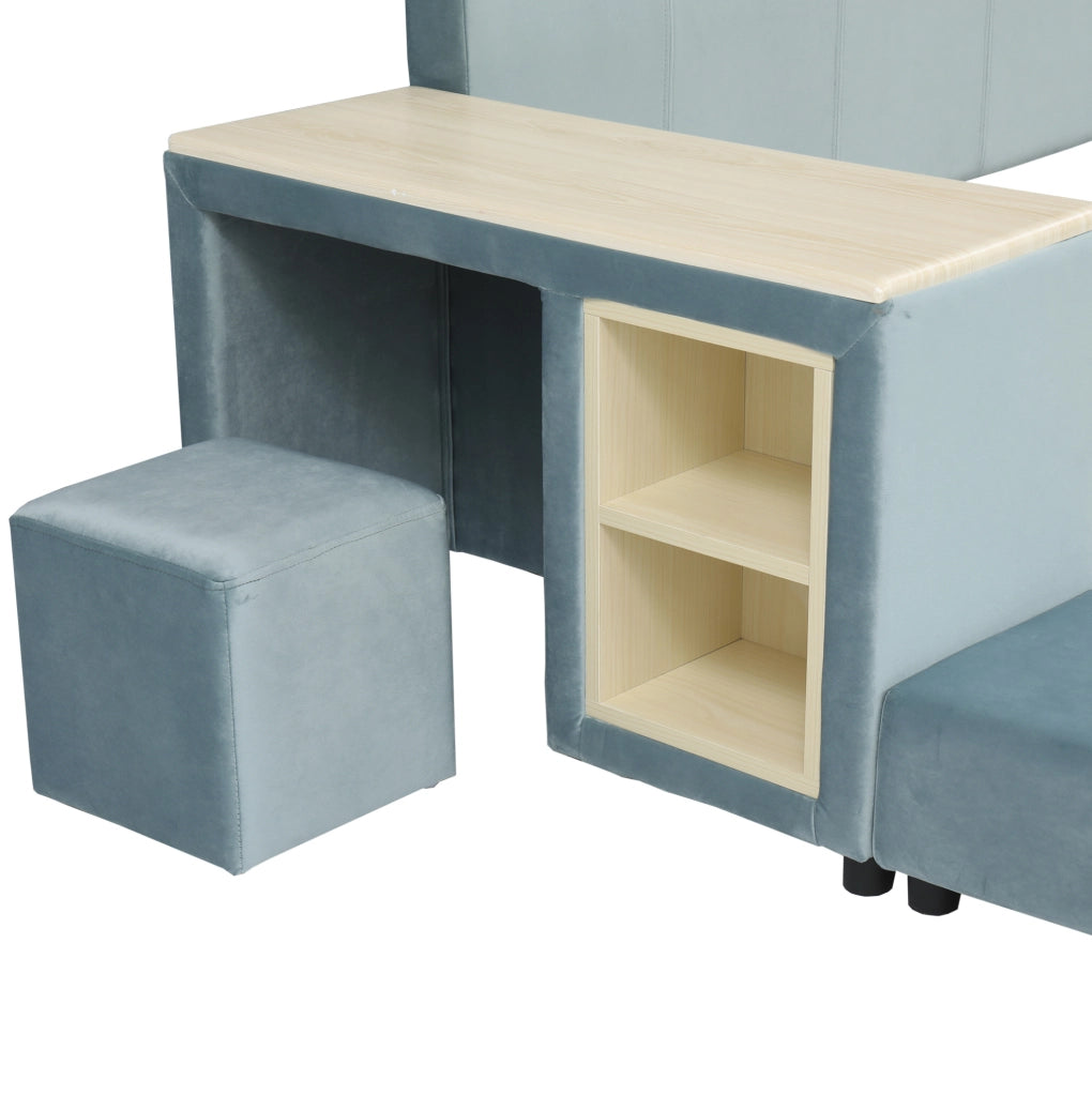 Letto imbottito per bambini 140x200 cm con scrivania laterale e sgabello in velluto blu