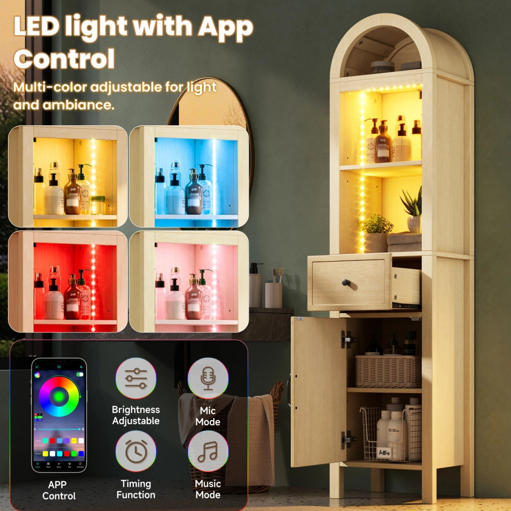 Mobile bagno alto 163 cm in MDF legno naturale con LED RGB, anta reversibile, cassetto e chiusura soft-close, 40×30×163 cm