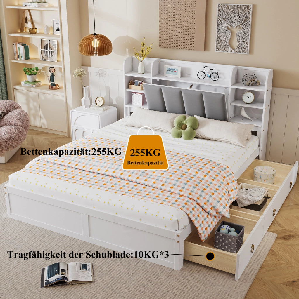 Letto matrimoniale ULEVR 160x200 cm con 3 cassetti su ruote, ripiani aperti e vano nella testiera, bianco