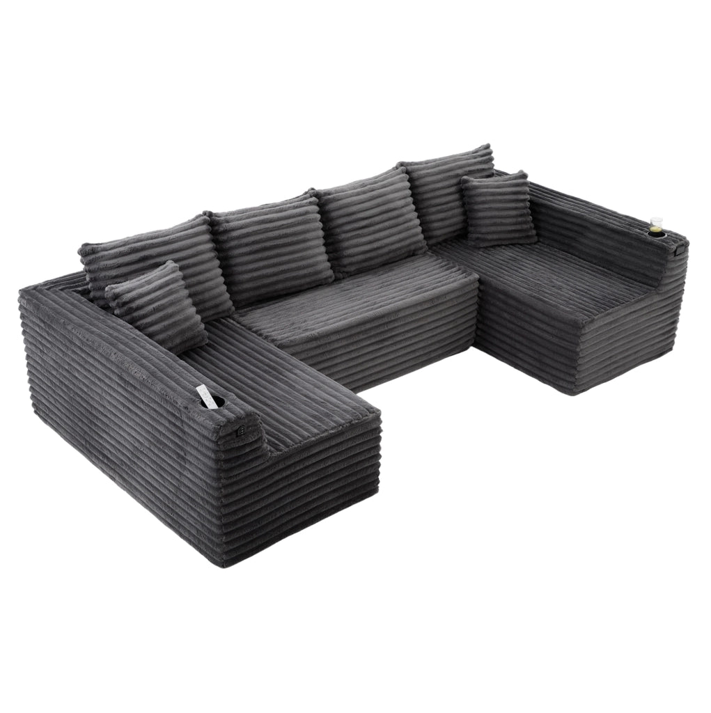 Divano modulare a U 320x155x88 cm in corduroy grigio scuro con portabicchieri