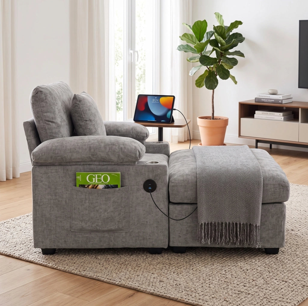 Poltrona trasformabile con pouf in ciniglia grigia e presa USB