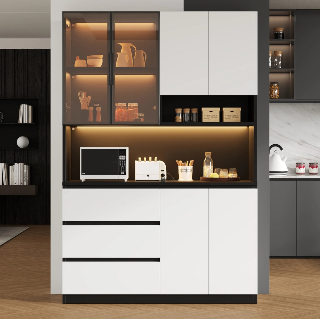 Credenza alta da cucina bianca e nera con LED, 120,5 cm