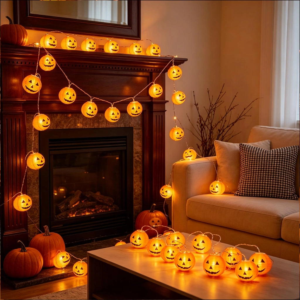 Catena luminosa a tema Halloween, con 20 luci a LED a forma di zucca, lunghezza 6 metri, alimentazione a batteria