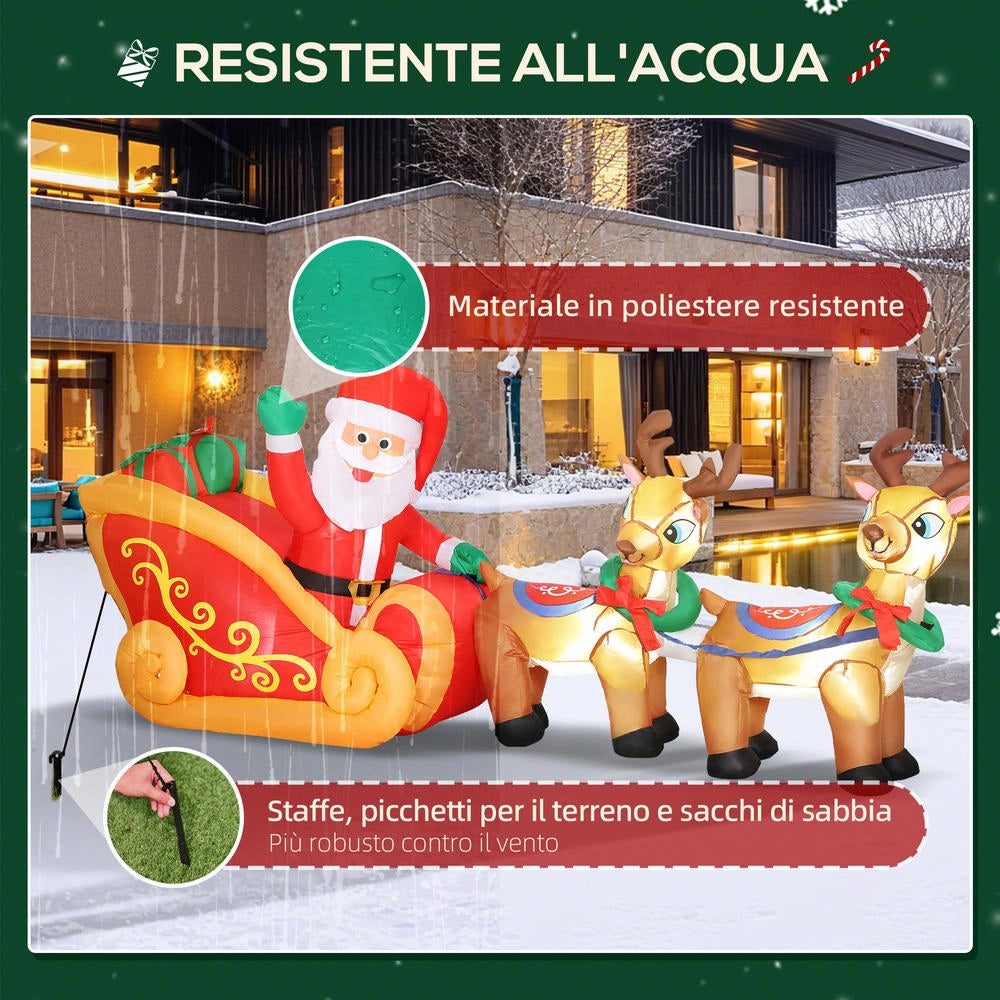 Babbo Natale gonfiabile da 2.4m con slitta e renne, 6 luci LED e gonfiatore, decorazione impermeabile per giardino ed esterni