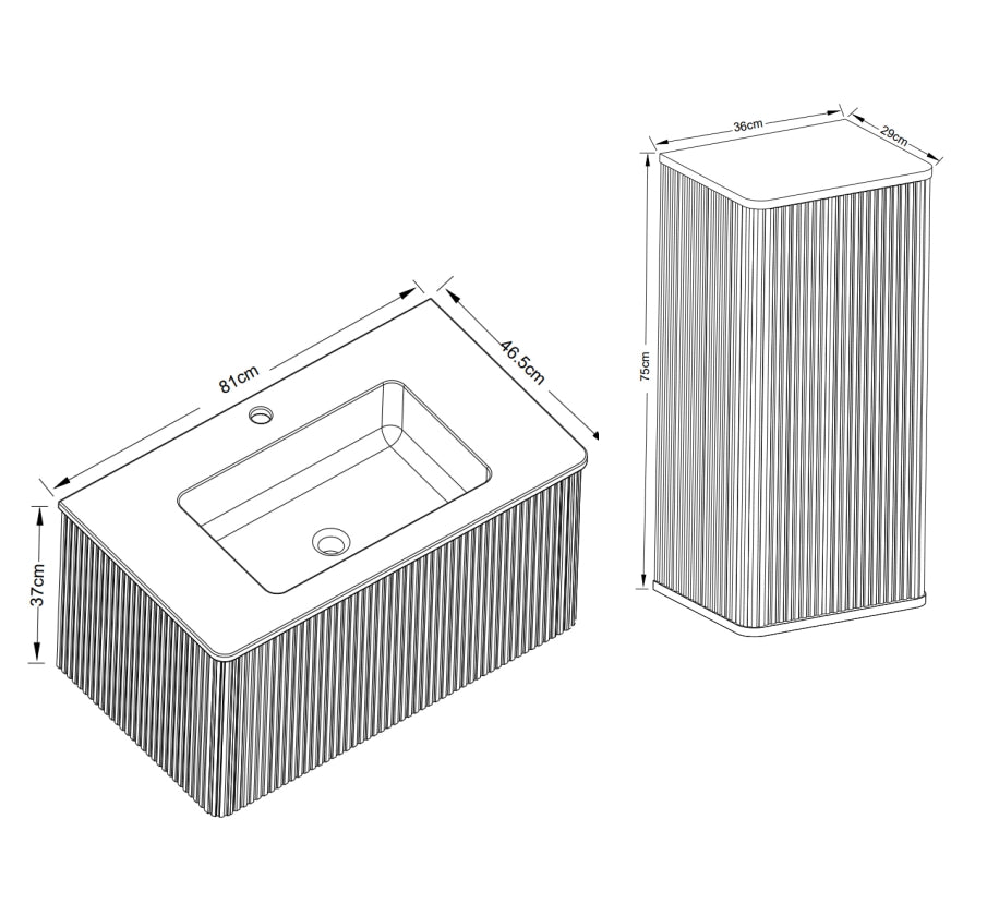 Mobile lavabo sospeso 81 x 46,5 x 37 cm rovere con colonna, senza rubinetto