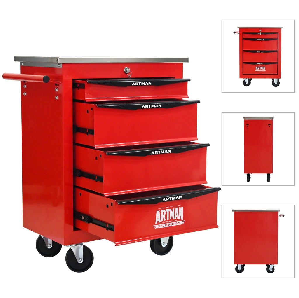 Carrello portautensili ULEVR con 4 cassetti, serratura a chiave e 4 ruote con 2 freni, rosso e nero