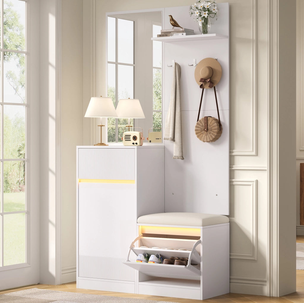 Guardaroba da ingresso compatto 105 x 38 x 190 cm bianco con specchio e LED