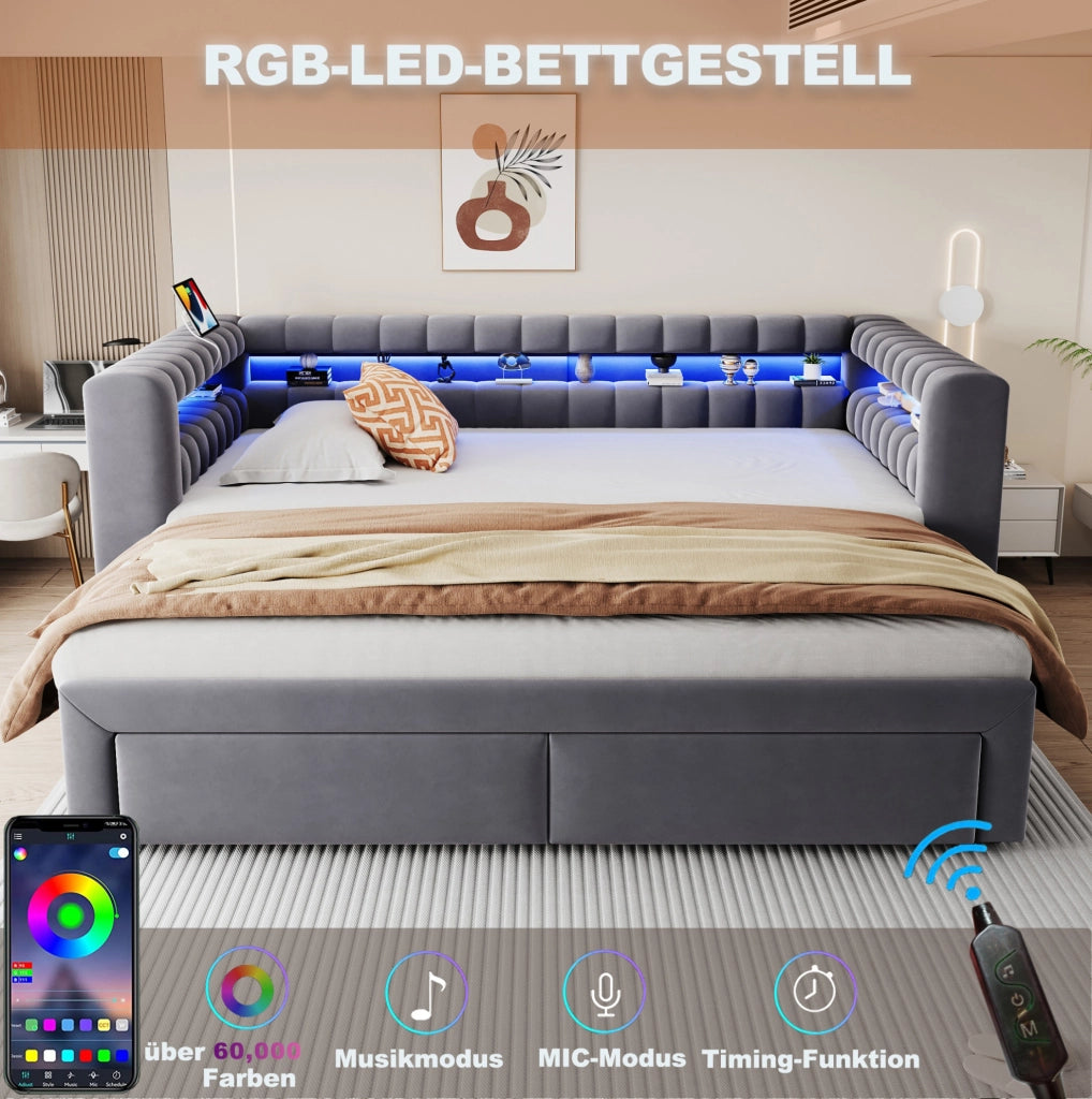 Divano letto estraibile 90/180 x 190 cm in velluto grigio con LED e USB