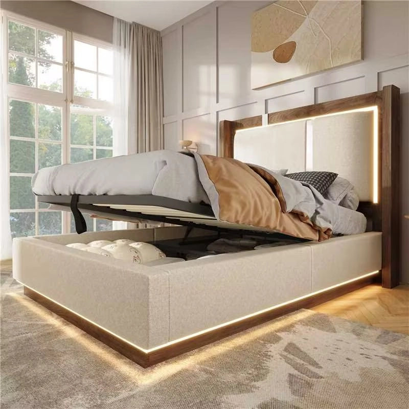 Letto imbottito 90x200 cm beige con contenitore idraulico